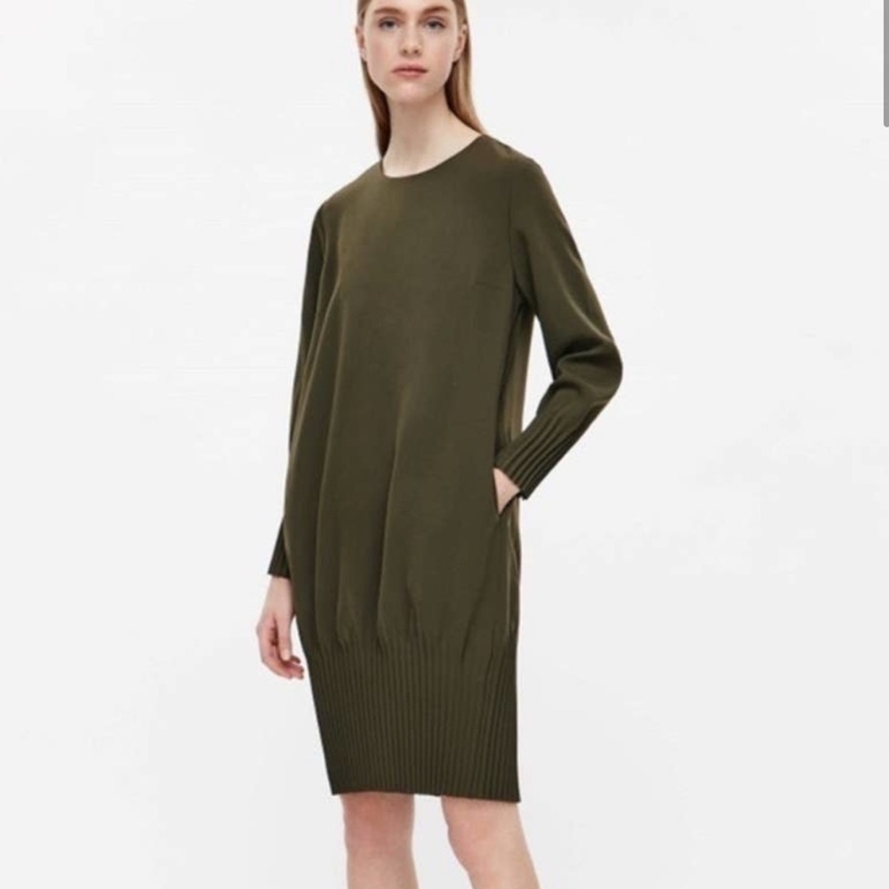 COS olive green accordion hem dress